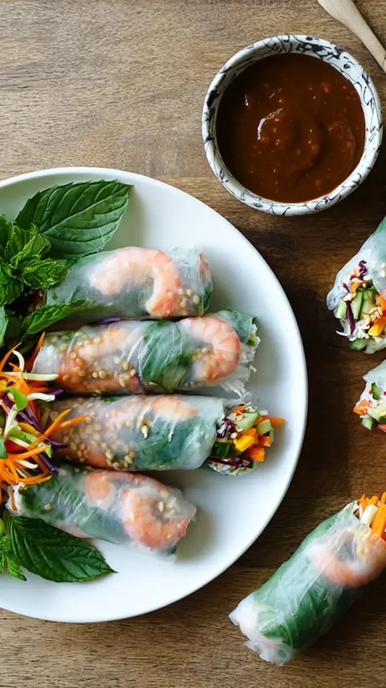 Hand-rolled fresh Vietnamese spring rolls with shrimp and herbs on a white platter