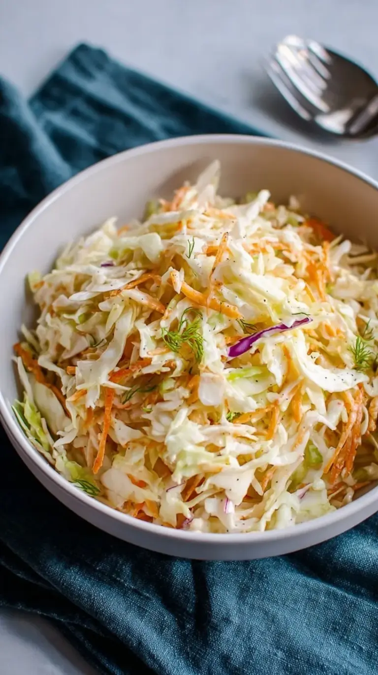 A bowl of vibrant green cabbage and orange carrot vinegar coleslaw with a clear tangy dressing.