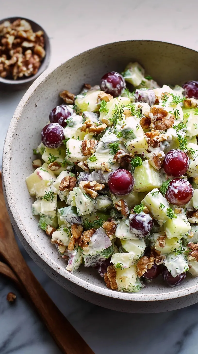 Classic Waldorf Salad with apples, celery, walnuts, and grapes in a white bowl