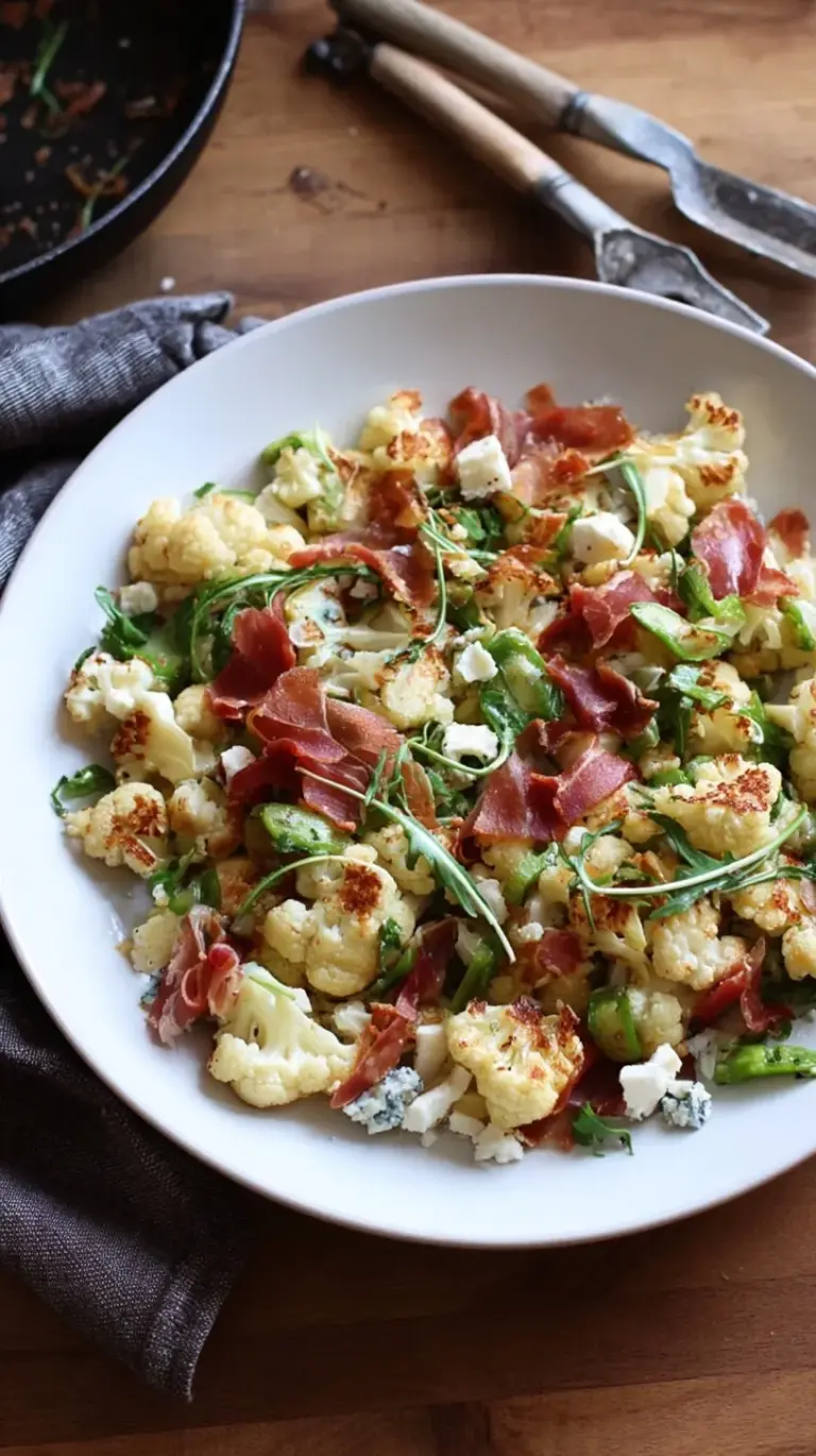 A bowl of golden roasted cauliflower with crispy prosciutto, crumbled goat cheese, and pine nuts.