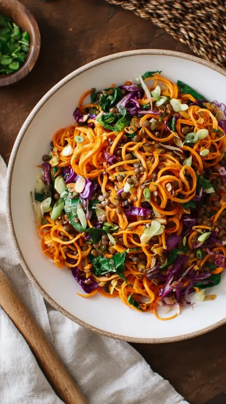 A close-up shot of warm sweet potato noodles tossed with green lentils, shredded cabbage, and fresh parsley in a ceramic bowl.