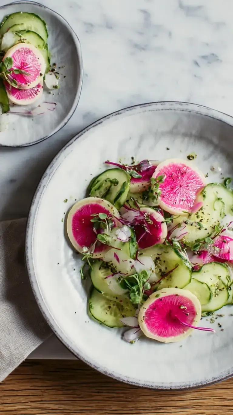 Thinly sliced pink watermelon radishes and green cucumbers in a white bowl with sesame seeds