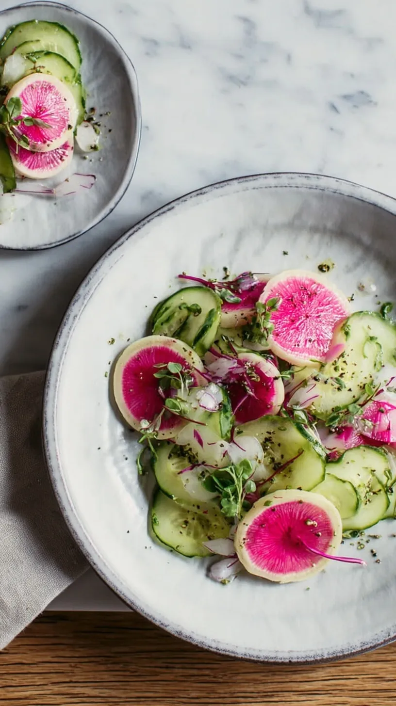 Thinly sliced pink watermelon radishes and green cucumbers in a white bowl with sesame seeds