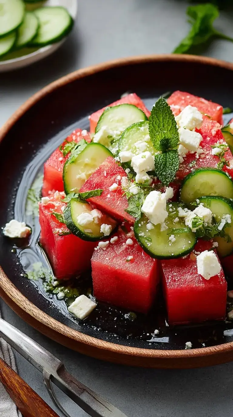 A close-up of a colorful watermelon salad with feta and cucumber, garnished with fresh mint leaves in a white bowl.