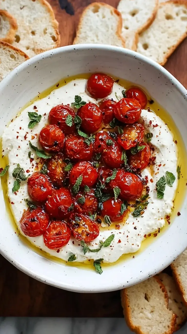 A white bowl filled with smooth whipped feta topped with blistered red cherry tomatoes and green basil leaves.