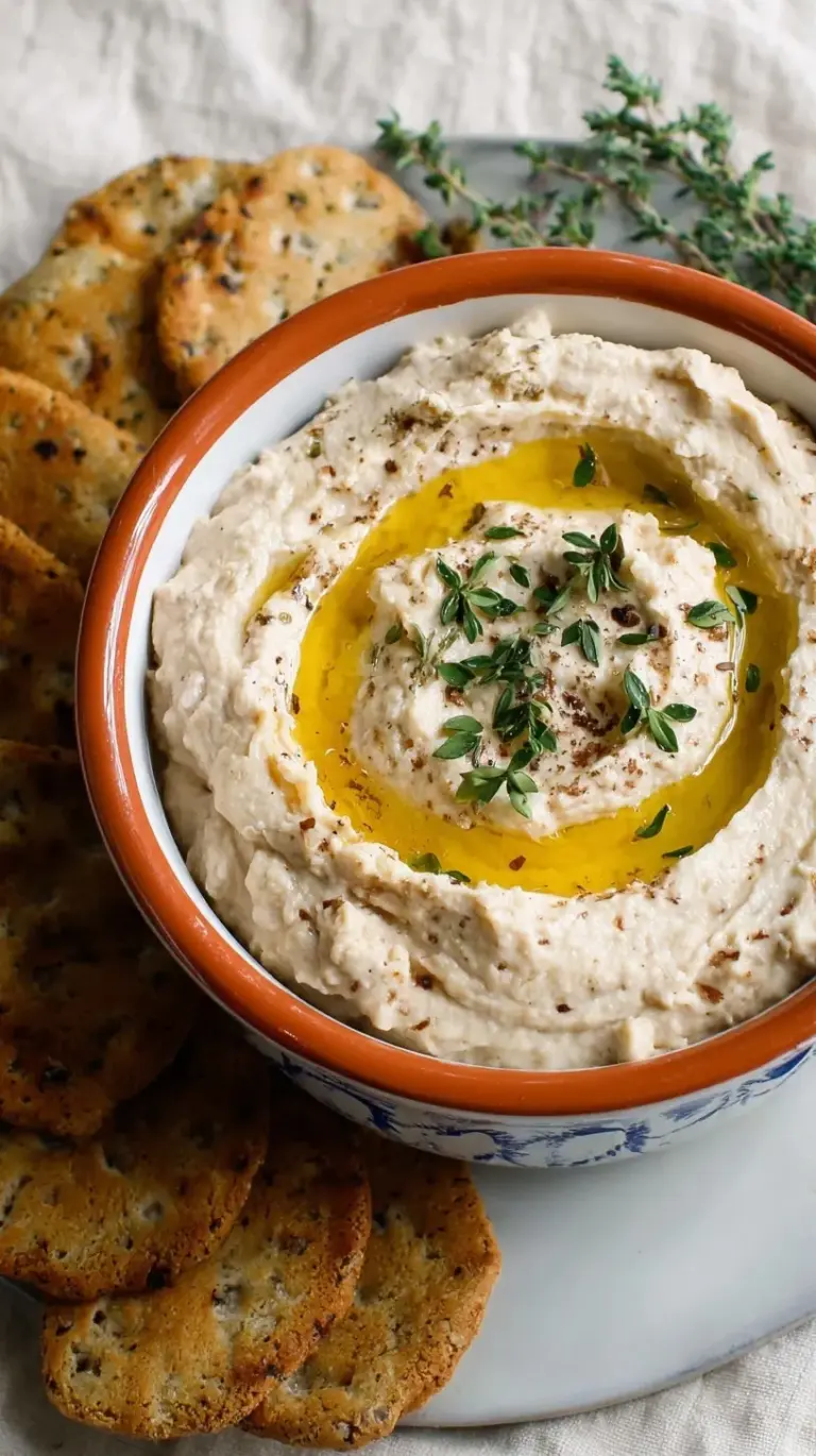 A bowl of creamy white bean dip garnished with fresh herbs and a drizzle of olive oil, surrounded by pita bread and vegetable sticks.
