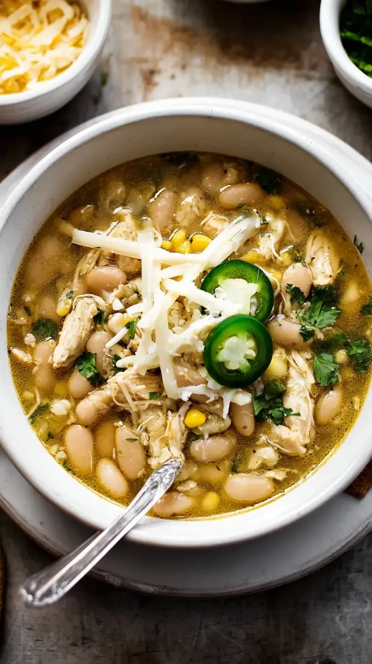 A steaming bowl of creamy White Chicken Chili topped with fresh cilantro, avocado, and a dollop of sour cream, ready to be enjoyed.