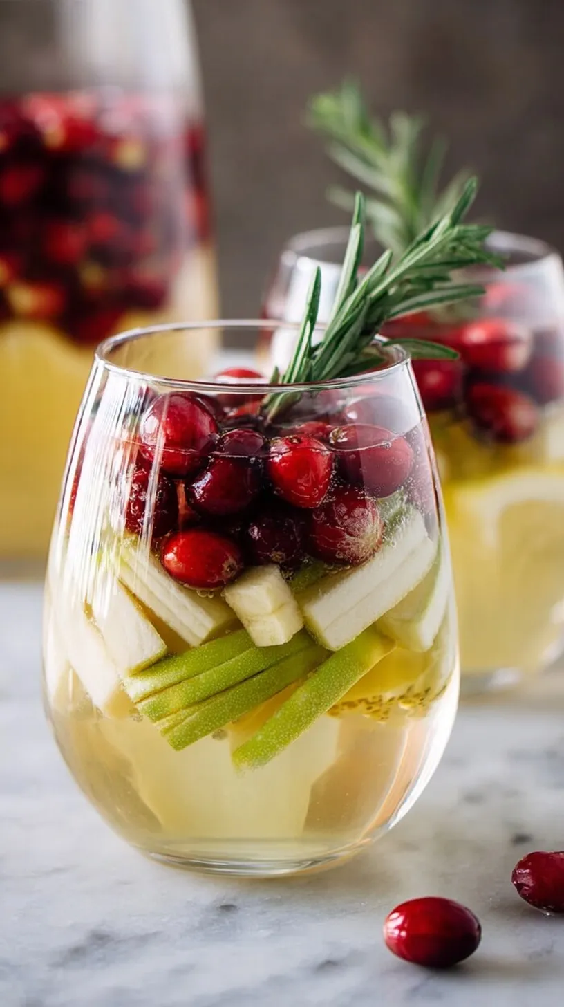 A glass pitcher filled with White Christmas Sangria, fresh cranberries, apple slices, and rosemary sprigs.