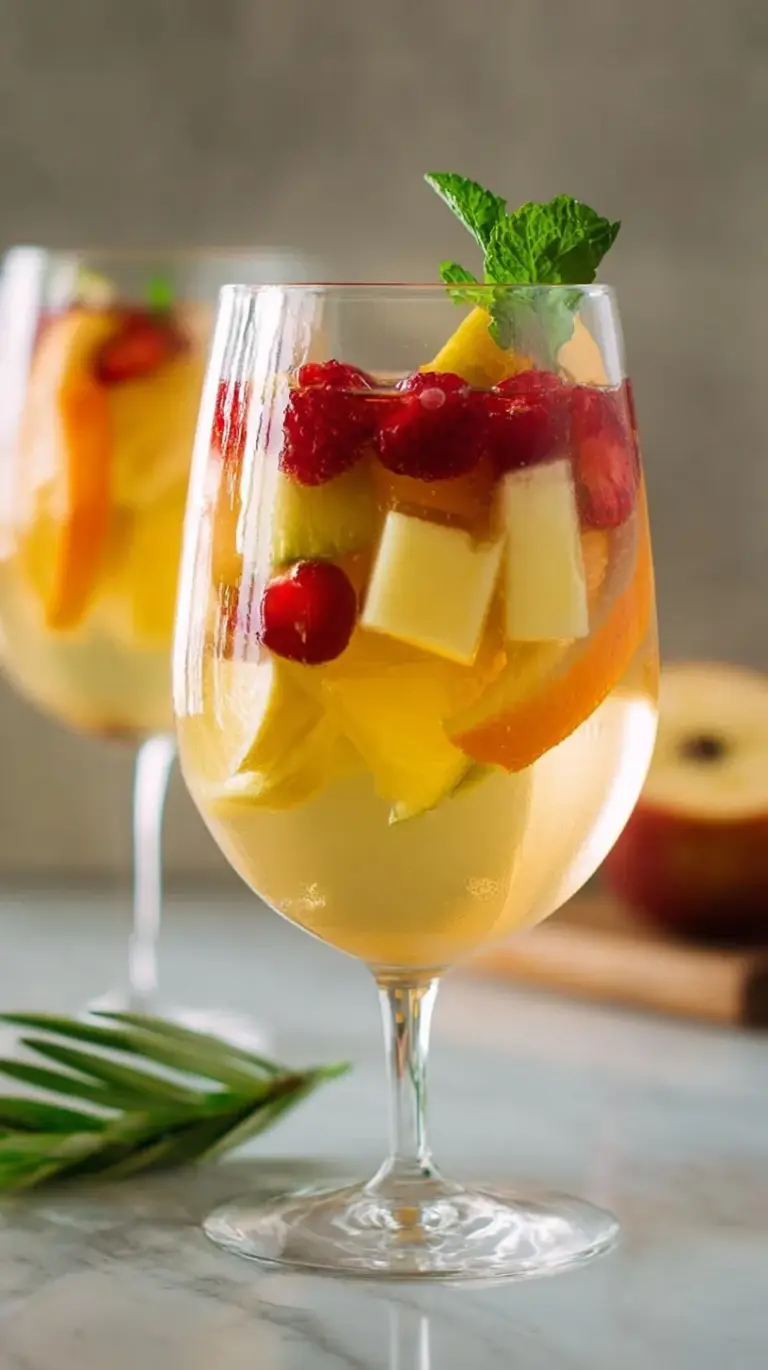 A glass pitcher of chilled white sangria with sliced oranges, lemons, and raspberries