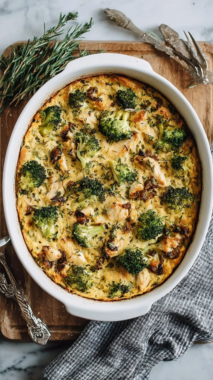 A golden-brown Whole30 Chicken Broccoli Casserole, bubbling and topped with fresh herbs, ready to be served.