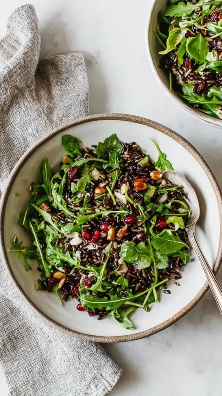 A large wooden bowl filled with wild rice and arugula salad topped with goat cheese and pecans