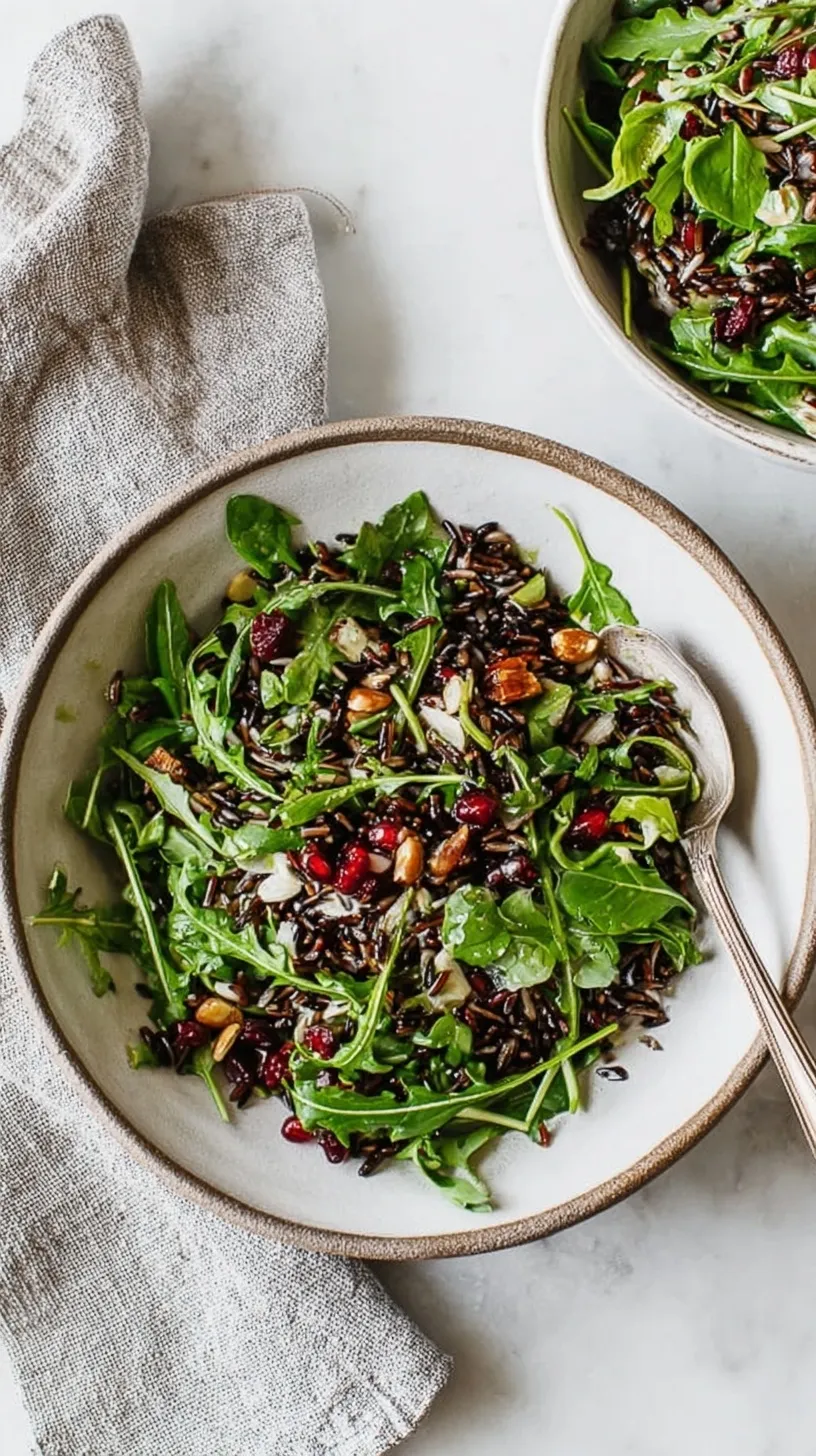 A large wooden bowl filled with wild rice and arugula salad topped with goat cheese and pecans