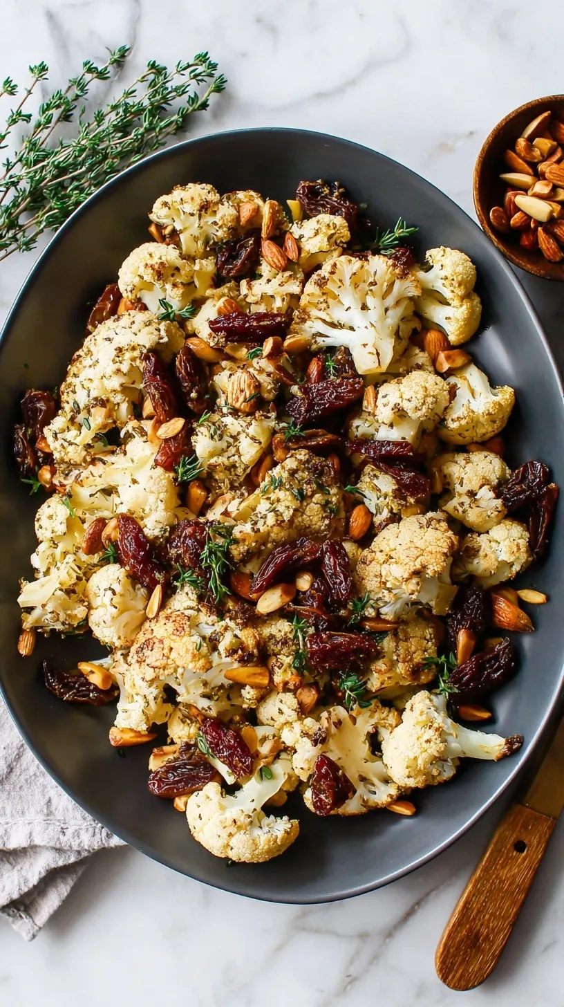 Golden roasted cauliflower florets tossed with sliced dates, toasted pine nuts, and fresh parsley in a ceramic bowl.
