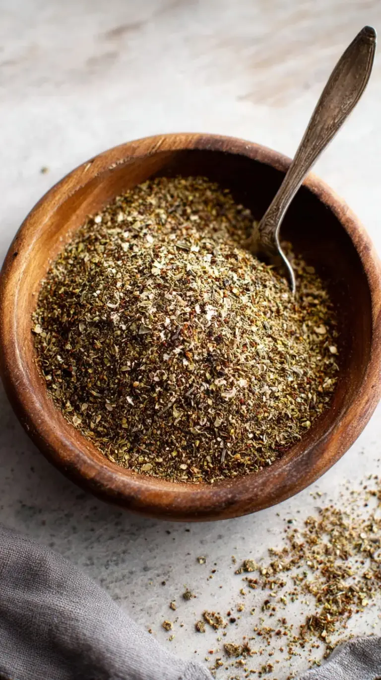 A small glass jar filled with fresh za'atar spice blend showing green herbs and toasted sesame seeds.