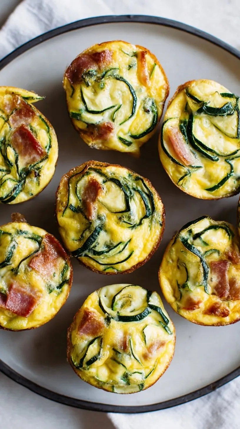 Golden baked egg muffins with green zucchini and savory prosciutto bits in a muffin tin.