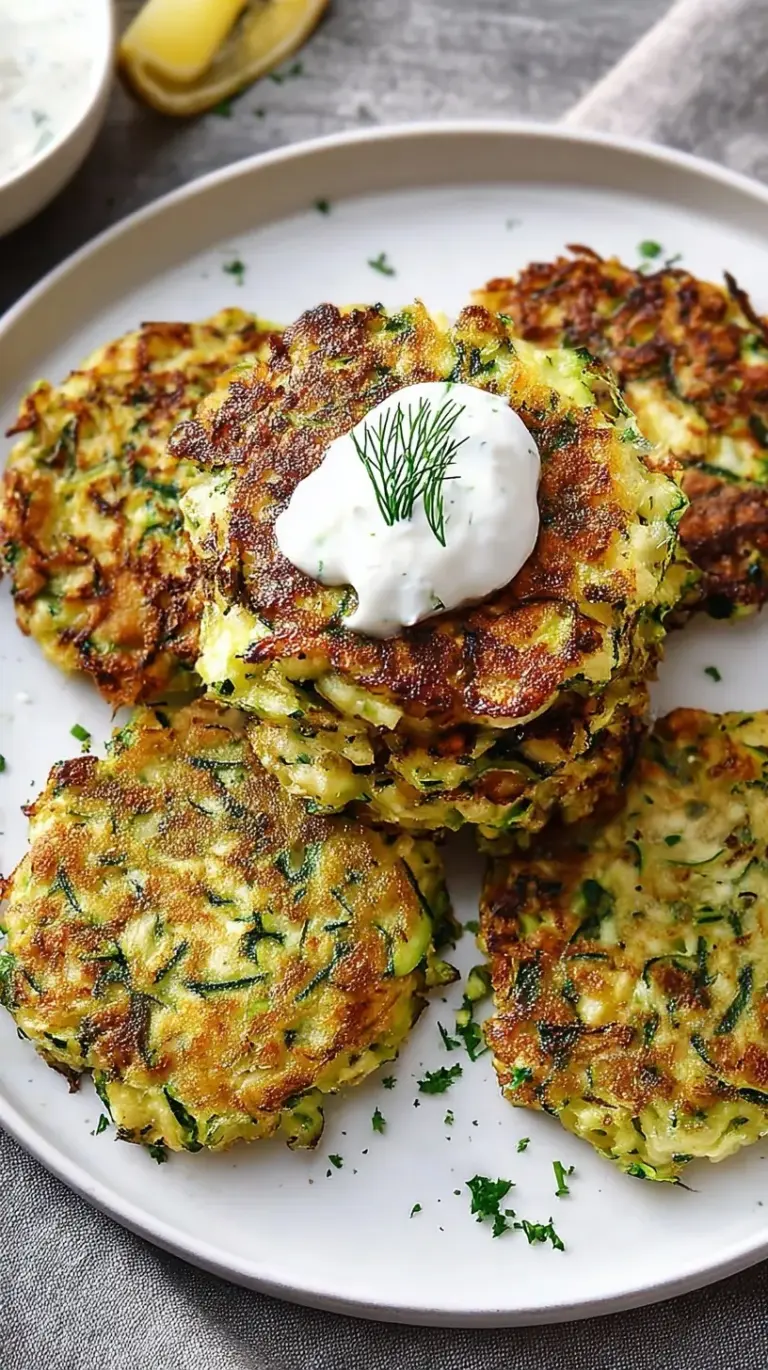 Golden brown zucchini fritters stacked on a plate with a side of creamy dipping sauce, garnished with fresh herbs.
