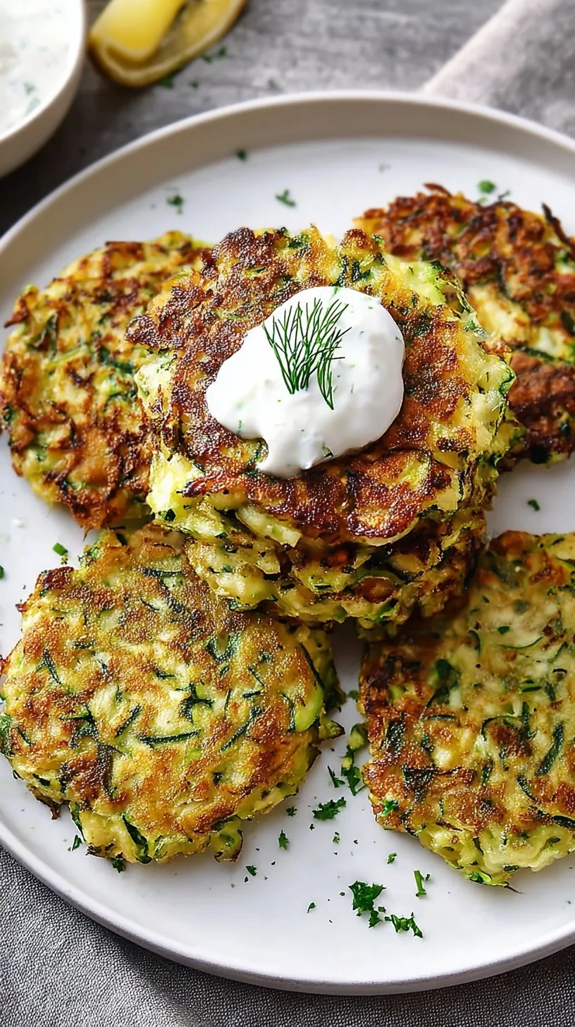 Golden brown zucchini fritters stacked on a plate with a side of creamy dipping sauce, garnished with fresh herbs.