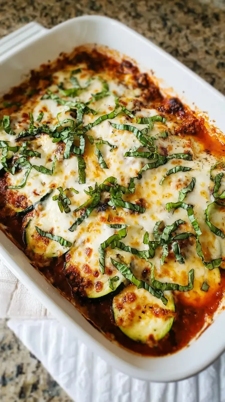A golden-brown Zucchini Lasagna casserole, freshly baked and bubbling, garnished with fresh basil.