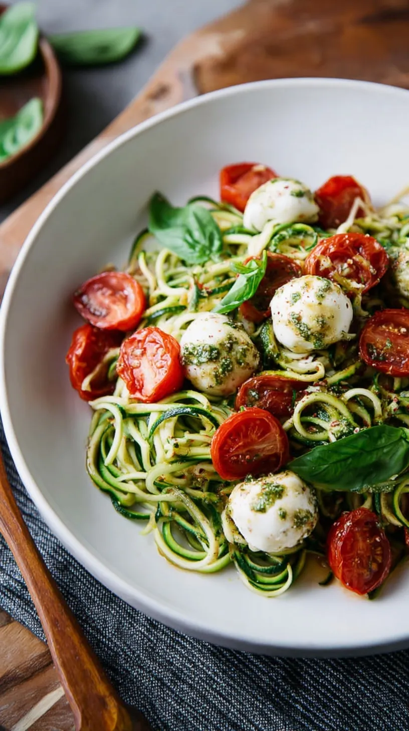 A white bowl filled with spiralized zucchini noodles, cherry tomatoes, mozzarella pearls, and fresh basil with a balsamic drizzle.