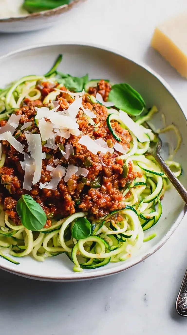 A bowl of fresh zucchini noodles topped with rich meat sauce and parmesan cheese.
