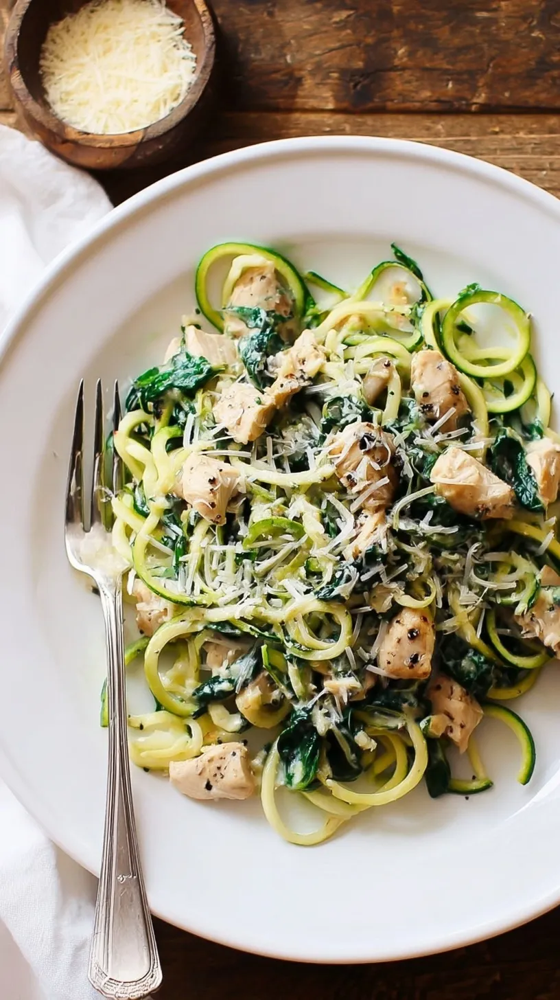 A skillet filled with zucchini noodles, sautéed chicken, fresh spinach, and melted parmesan cheese.