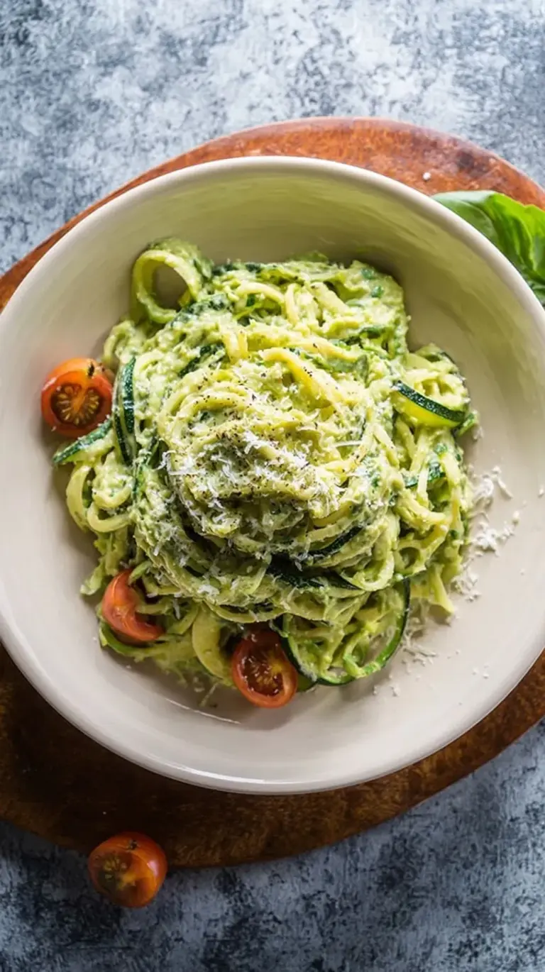 A bowl of green zucchini noodles coated in creamy avocado sauce and topped with cherry tomatoes