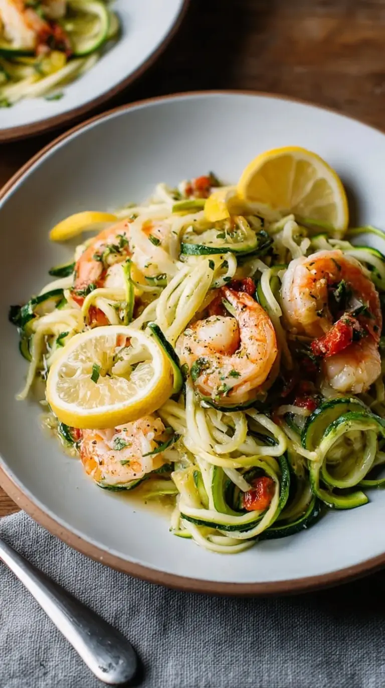 A close-up of a bowl of Zucchini Pasta with Lemon Garlic Shrimp, garnished with fresh parsley and lemon wedges.
