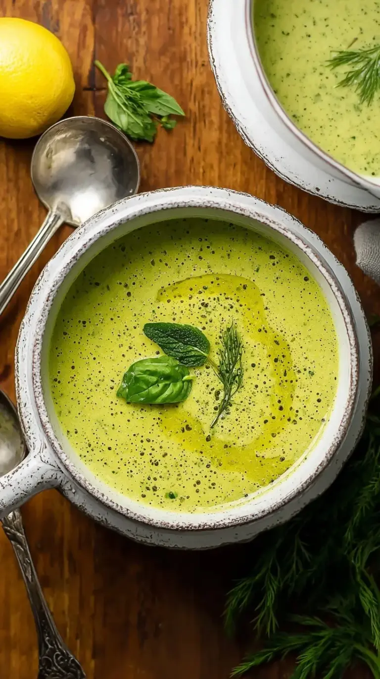 A bowl of vibrant green creamy zucchini soup topped with a swirl of cream and fresh herbs.