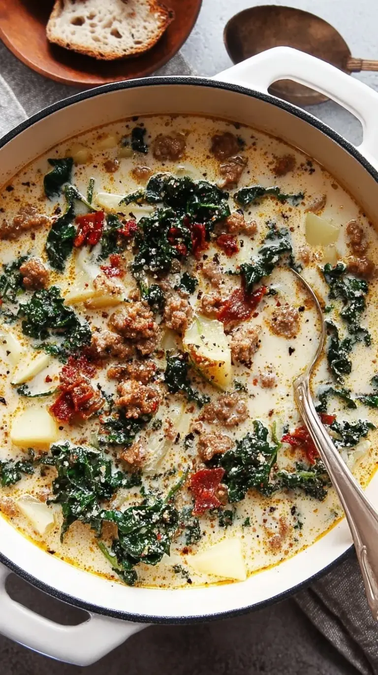 A steaming bowl of creamy Zuppa Toscana Soup with Italian sausage, kale, and potato, garnished with fresh parsley.