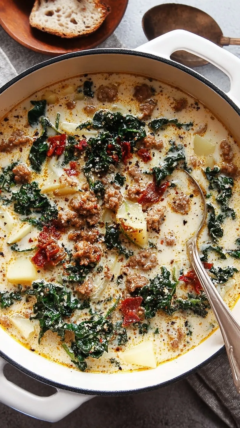 A steaming bowl of creamy Zuppa Toscana Soup with Italian sausage, kale, and potato, garnished with fresh parsley.